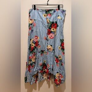 Maeve by Anthropologie Claudette Midi Linen Skirt - Baby Blue Striped Floral 14